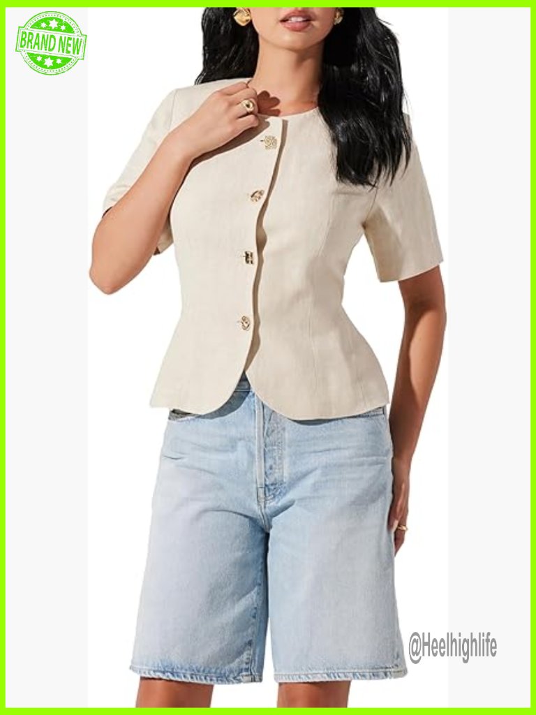 Short Sleeve Linen Jacket With Shoulder Pads, Straight Fit, Dry Clean Only